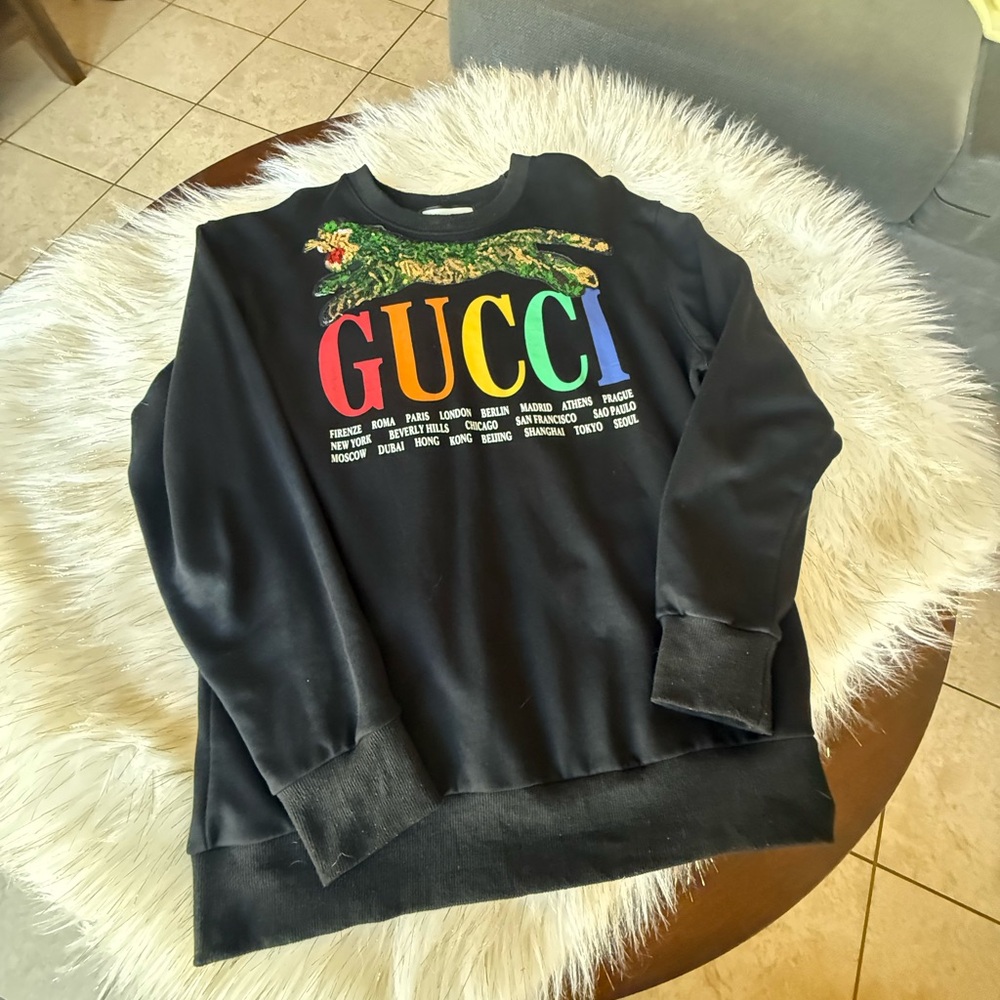 Gucci Black Crewneck Sweatshirt with Rainbow Logo and Embroidered Tiger